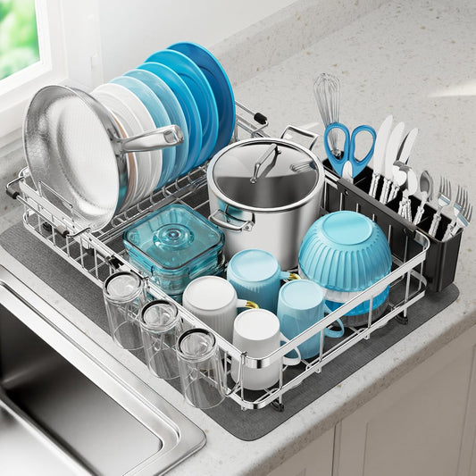 GSlife Large Stainless Steel Dish Drying Rack - Expandable 2-in-1 Dish Racks for Kitchen Counter and Sink, Full Size Dish Drainer with Absorbent Drying Mat Cup Holder, 16.5"-21.5" L x 15" W, Silver