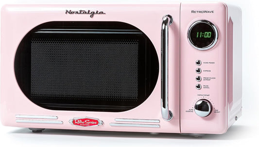 Nostalgia Retro Compact Countertop Microwave Oven 0.7 Cu. Ft. -700-Watts with LED Digital Display-Child Lock-Easy Clean Interior-Pink