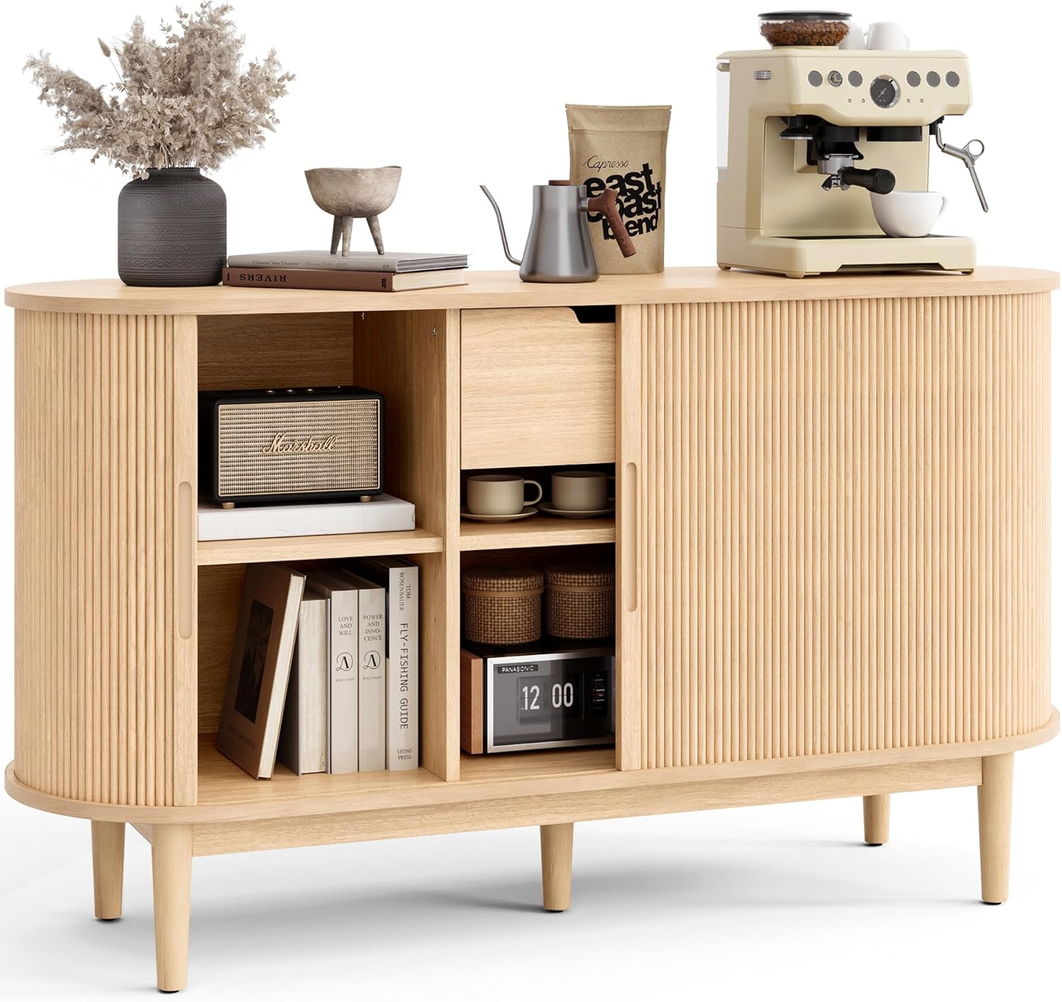 LINSY HOME Sideboard Buffet Cabinet with Storage, 55" Fluted Coffee Bar Cabinet with Tambour Sliding Doors and Drawer, Mid Century Modern Wood Storage Buffet Table for Kitchen, Living Room, Oak