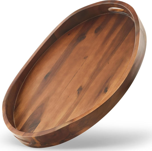 TIDITA Acacia Wood Ottoman Tray with Handles - 20" x 15" Round - Large Oval Serving Trays for Living Room -Wooden Trays Decorative for Kitchen Counter, Coffee Table, Breakfast in Bed (Walnut Color)