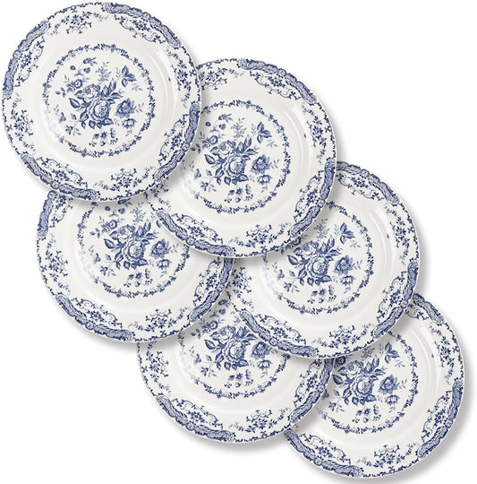 HomeElves Dinner Plates, Ceramic Plates Set of 6, Kitchen Plates Microwave Safe, White Plate Dessert Blue Floral Plate Porcelain (Blue Rose, 10.5 inch)