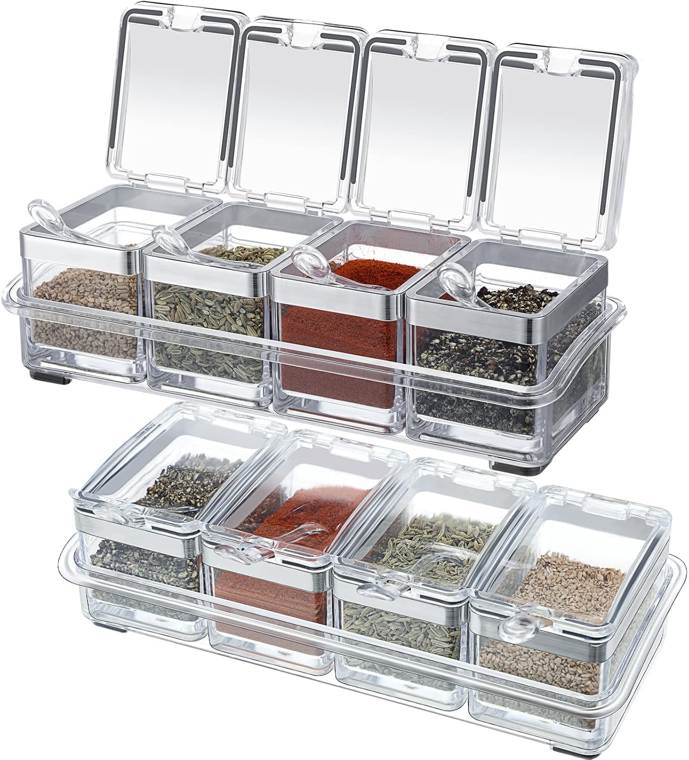 2 Set Acrylic Seasoning Organizer Box 8 Pcs Clear Seasoning Rack Spice Pots Condiments Containers with Lids and Spoons Storage Container Spice Jar for Salt Sugar Cruet Kitchen Cooking Organizer
