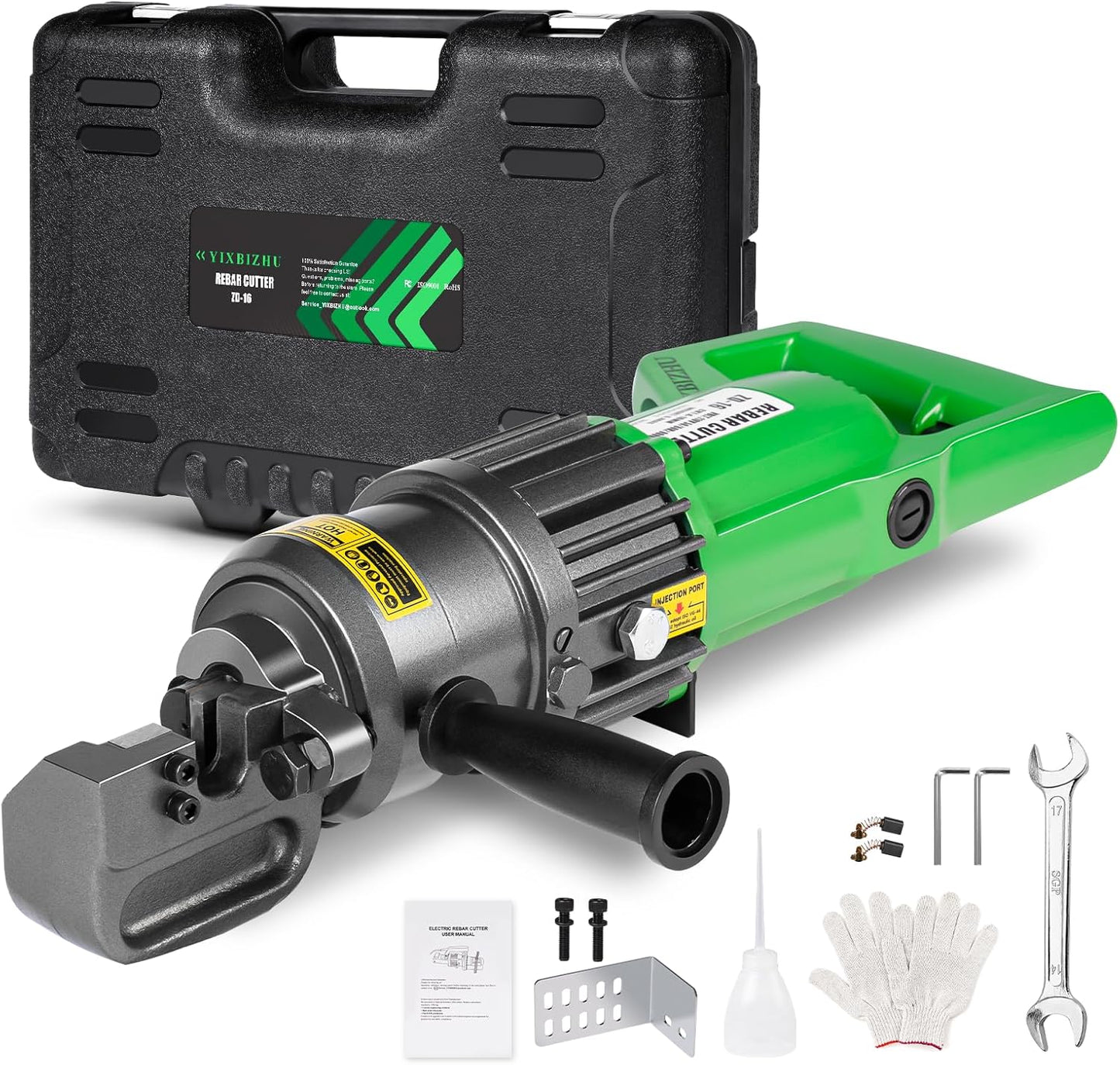 YIXBIZHU\u202F900W Electric Hydraulic Rebar Cutter Aviation\u2011Aluminum 15bl Body Cuts 4\u201116\u202Fmm (#3\u2011#5) Steel Bar in 1.5\u202Fs, Adjustable Jaw, One\u2011Button 110\u202FV Portable Cut\u2011Off Tool（ZD\u201116\u202F）