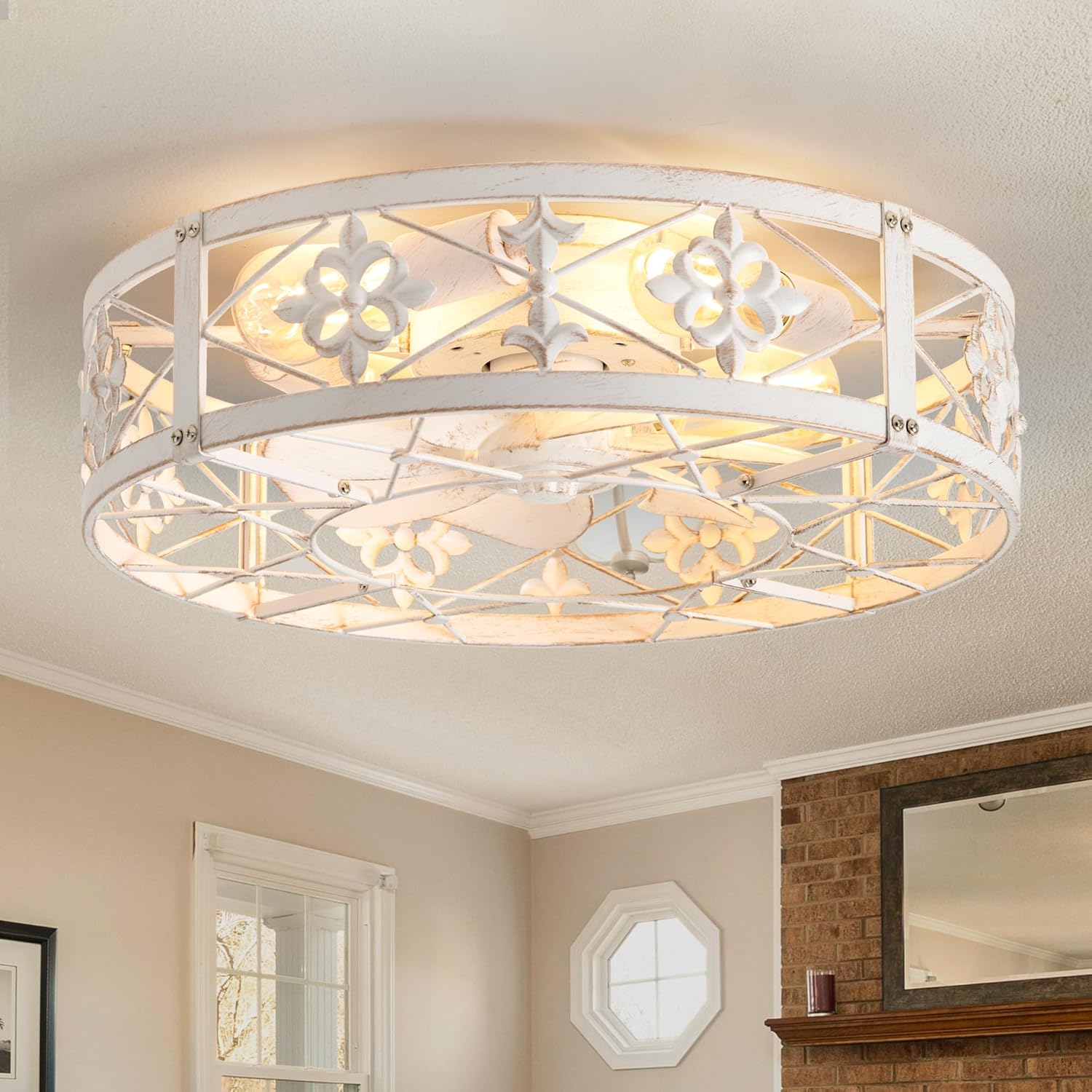 ZYD Caged Ceiling Fans with Light, 20" Ceiling Fans with Lights and Remote Flush Mount, Bladeless Caged Ceiling Fan with Light, Rust White Farmhouse Ceiling Fan for Bedroom, Kitchen, Dining Room