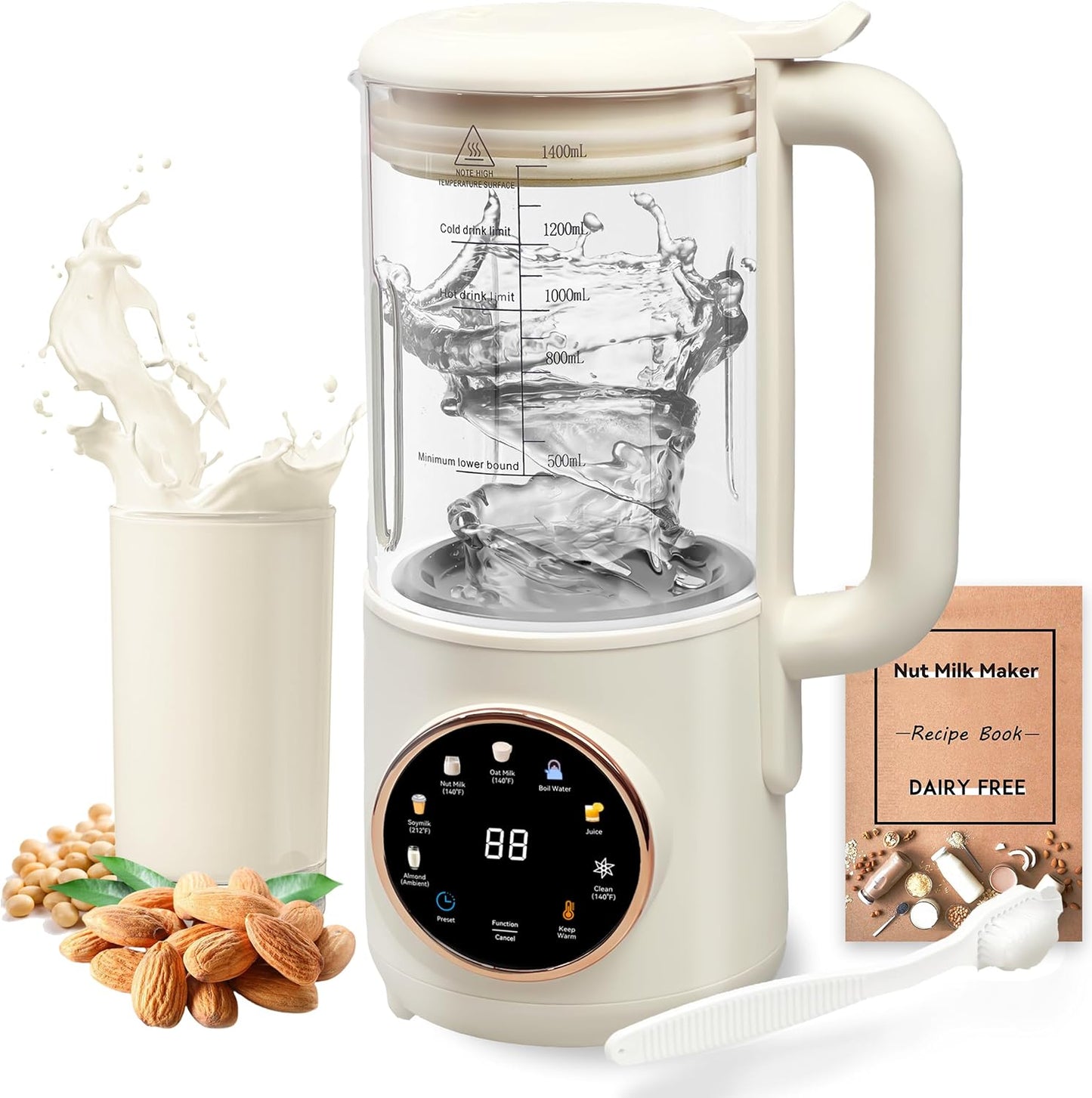 8 in 1 Nut Milk Maker Machine, 48oz Homemade Almond, Oat, Soy, Coconut, Plant-Based and Non-Dairy Beverages with Self-Cleaning, Boil Water, Delay Start, Keep Warm, 16 Blade Blender, Glass Jar