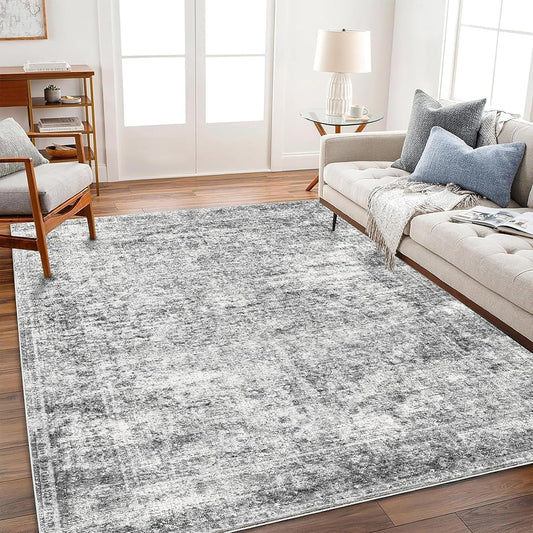 CHAMPLANT 5x7 Washable Area Rug Gray Vintage Traditional Floor Cover Foldable Thin Kitchen Accent Indoor Distressed Non Slip Carpet Floral Print Mat Bedroom Living Room Bathroom