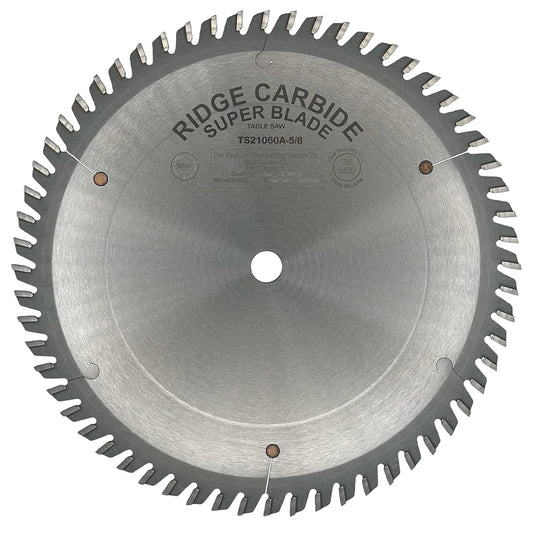 Ridge Carbide 10" 60T, Ultra Combination Table Saw Blade, Alternate Top Bevel Grind (ATB),+5° Hook, 5/8" Bore, Plate Thickness .087", Full Kerf (0.125") Blade for Cutting Wood and Sheet Goods