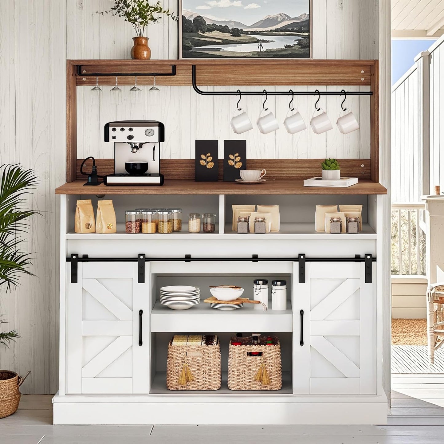 YITAHOME 47" Coffee Bar with Goblet Holder & Power Outlet, Buffet Cabinets with Storage,Farmhouse Sideboard Cabinets with Sliding Barn Doors for Kitchen, Living Room (White)