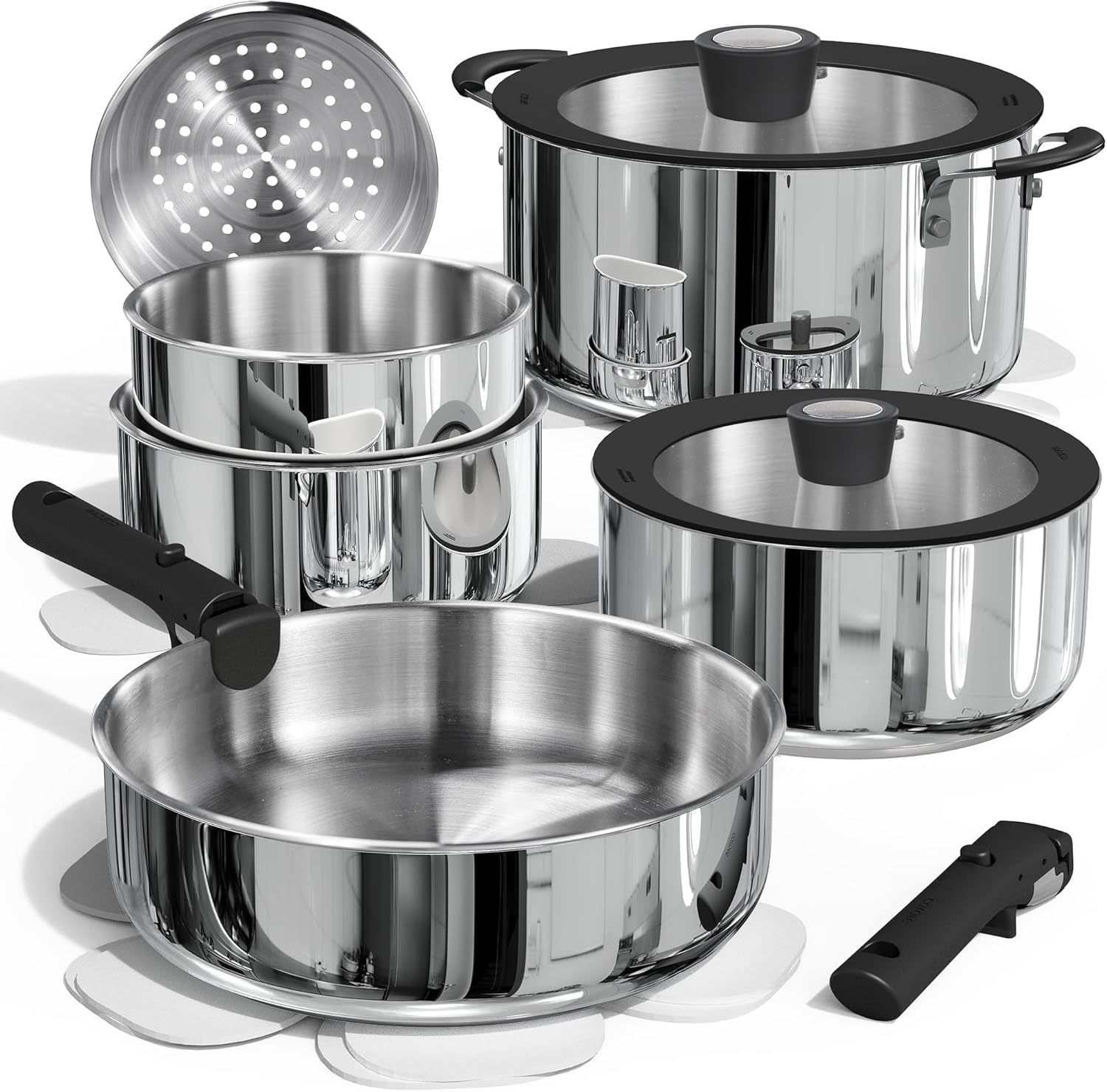 CAROTE 14pcs Stainless Steel Cookware Set with Detachable Handle, Nonstick Pots and Pans Set, Induction Kitchen Cookware Sets with Removable Handle, RV Cookware Set, Oven Safe, Camping Cookware, Black
