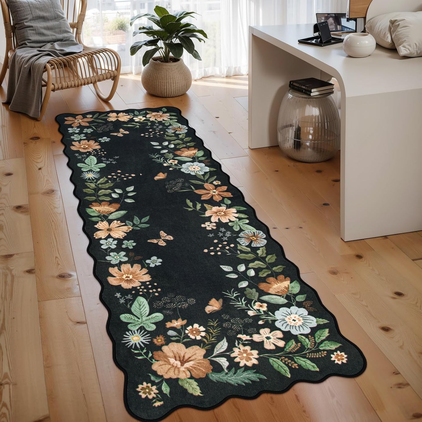 Lahome Floral Kitchen Runner, 2X6 Washable Runner Rug Non Slip Ultra-Thin, Soft Hallway Rug Stain Resistant Boho Small Low-Pile Carpet for \u200ELaundry Bathroom Bedroom(2x6ft,Black\/Grey)