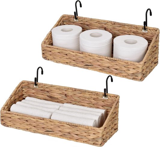 StorageWorks Woven Wall Baskets for Storage, Water Hyacinth Baskets for Shelf, Wall Storage for Kitchen and Bathroom, Hanging Baskets for Organizing, 2 Pack