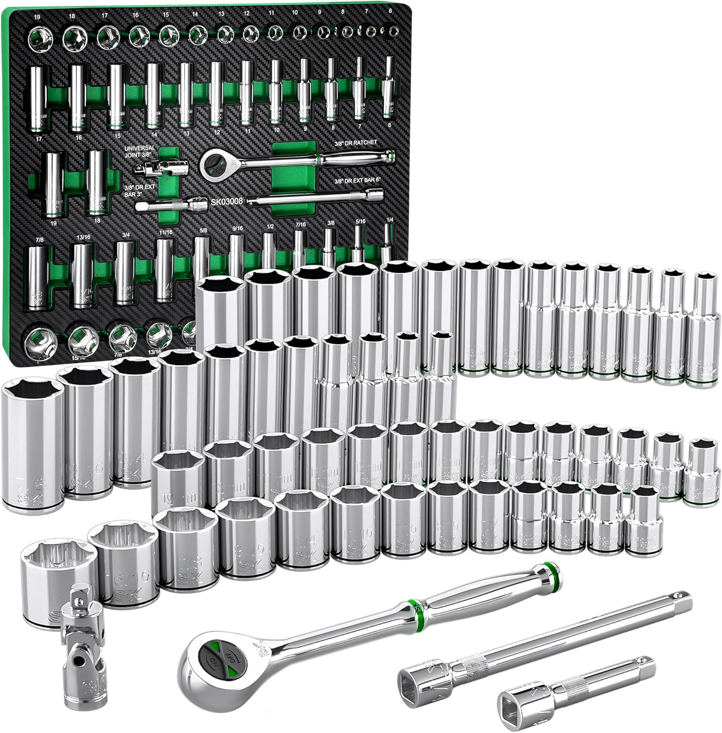 SK 3\/8" Drive Socket Set with 160-P Ratchet, 56-Piece, SAE & Metric, SuperKrome Finish, Premium CR-V Construction, with EVA Foam Tool Organizer