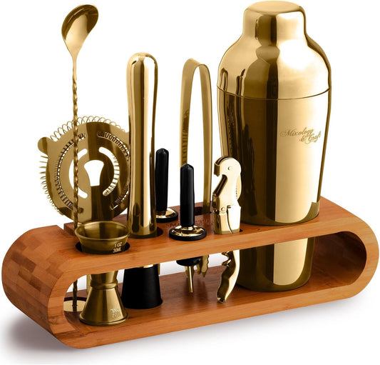 Mixology Bartender Kit: 10-Piece Bar Tool Set with Bamboo Stand | Perfect Home Bartending Kit and Martini Cocktail Shaker Set For a Perfect Drink Mixing Experience | Fun Housewarming Gift (Gold)