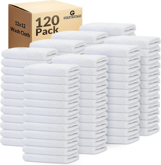 GOLD TEXTILES 120 Pack Economy White Washcloths Set (12x12 inches) - Cotton Blend Commercial Grade Cleaning Rags, Quick Drying & Soft Face Cloths, Fingertip Towels for Bathroom, Spa, Gym, and Kitchen