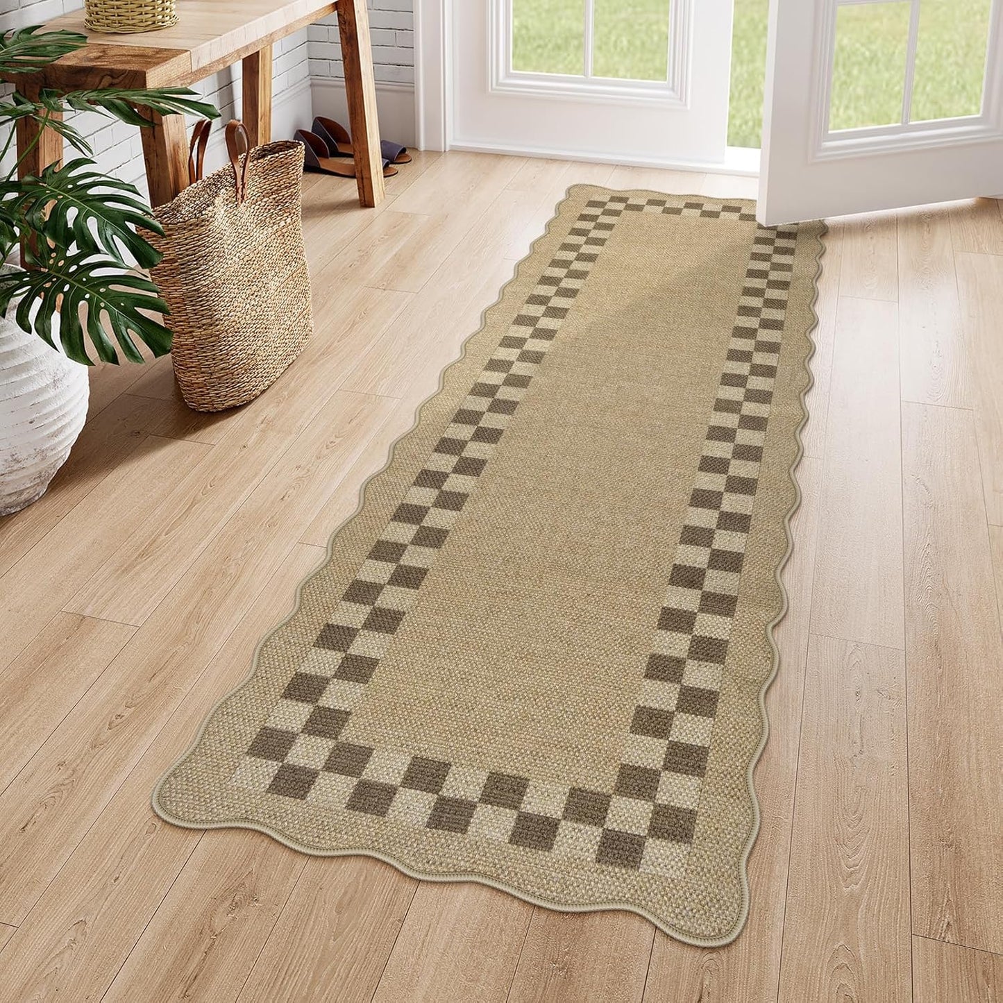 LIVEBOX Easy Jute Checkered Runner Rug for Kitchen, Scalloped Washable 2x6 Tan Rugs for Entryway, Geometric Indoor Outdoor Non Slip Rug Farmhouse Morden Carpet Door Mat Area Rug for Bedroom Hallway