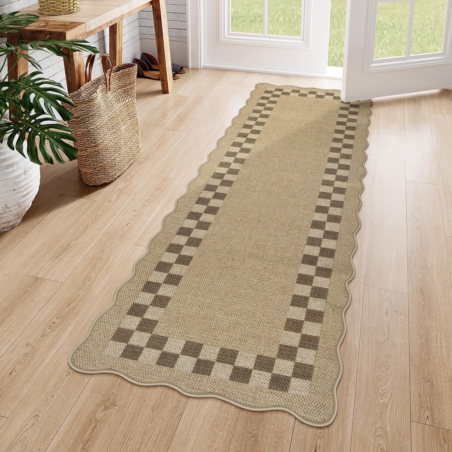LIVEBOX Easy Jute Checkered Runner Rug for Kitchen, Scalloped Washable 2x6 Tan Rugs for Entryway, Geometric Indoor Outdoor Non Slip Rug Farmhouse Morden Carpet Door Mat Area Rug for Bedroom Hallway