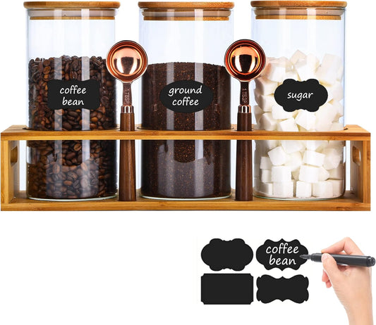 ZOMUIA Glass Coffee Containers Airtight Coffee Bean Storage Canisters with Shelf, 3Pcs 44oz Coffee Station Organizer, Kitchen Food Storage Jars for Sugar, Candy, Oats, Nuts