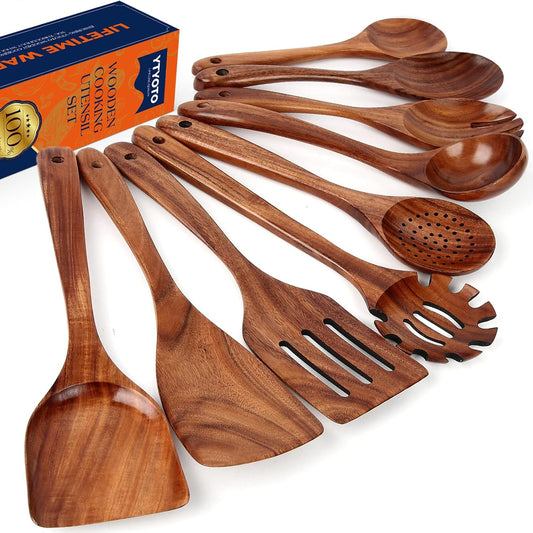 Wooden Utensil Set, Natural Teak Wooden Kitchen Utensils Set, Essential Wooden Spoons for Cooking (9Pcs)
