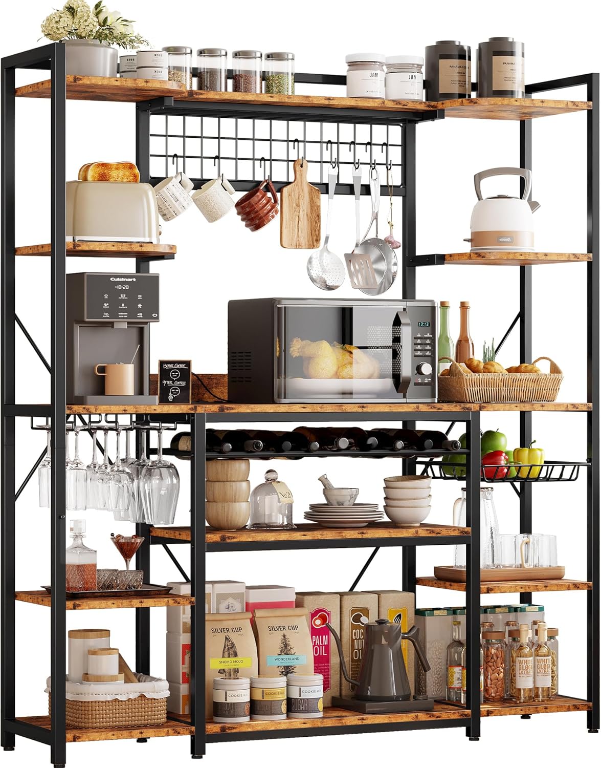 IRONCK Large Bakers Rack with Power Outlet, 62 Inch Wide Microwave Stand, Coffee Bar with Storage, Kitchen Racks and Shelves
