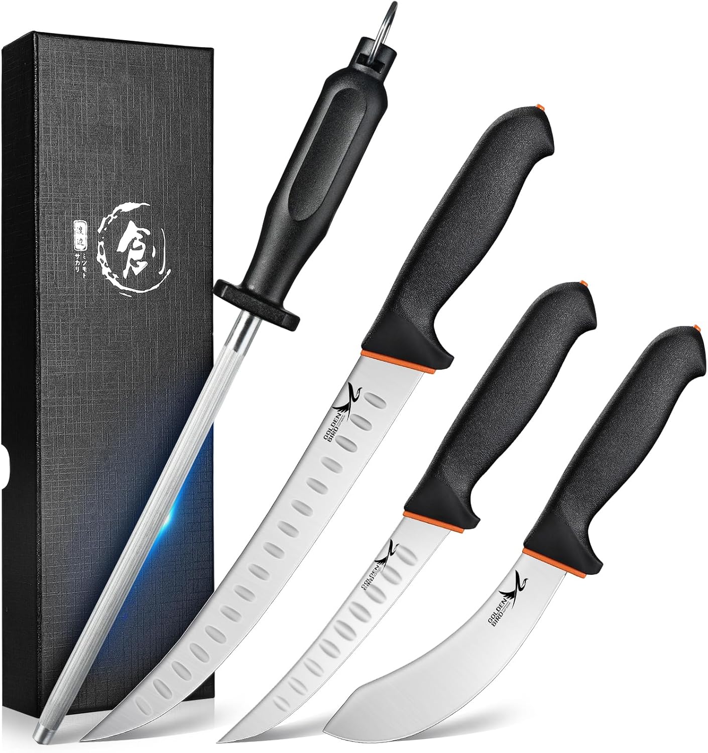 Golden Bird Butcher Knife Set - 4 Piece Professional BBQ Knife Set Include 6" Boning, 6" Skinning, 10" Butcher Breaking Knives & 8" Sharpener Rod