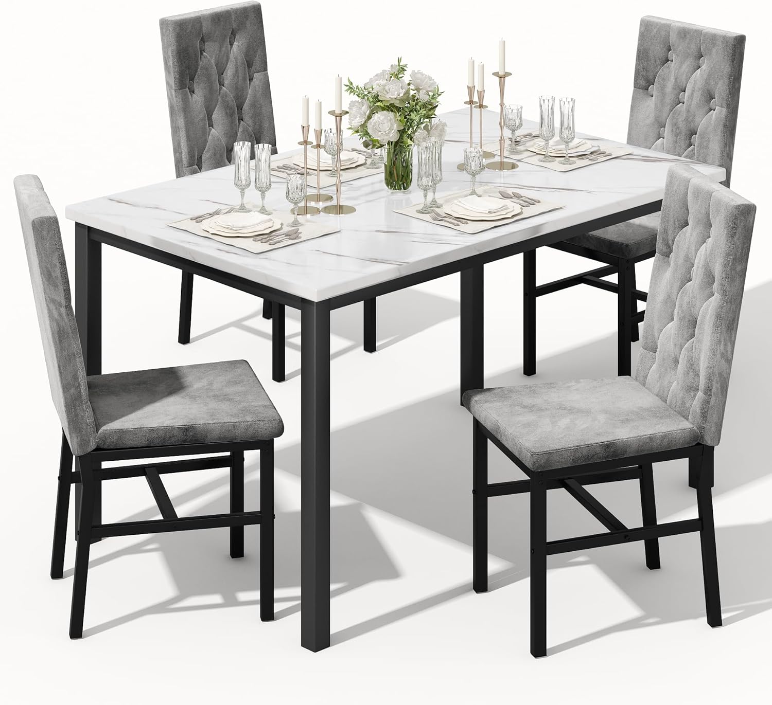 Hooseng Dining Table Set for 4, Faux Marble Small Kitchen Table Chairs Set of 4 with Luxurious Button Tufted Dinner Chairs for Kitchen and Dining