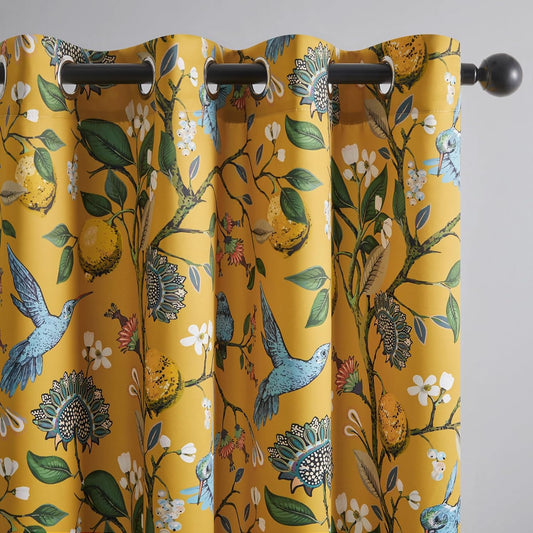Topfinel Mustard Yellow Vintage Curtains & Drapes 84 Inches Long, Grommet Luxury Whimsical Floral Lemon Hummingbird Patterned Waverly Mid Century Colorful Blackout Drapes for Living Room Bedroom