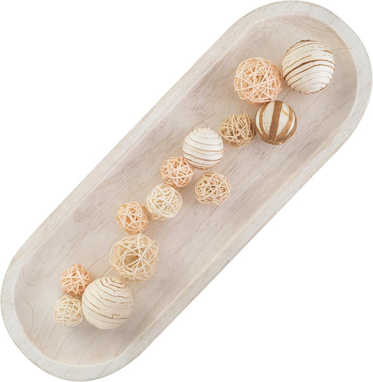 Hanobe Decorative Bowl Large Wooden: 25.5" Long Wood Dough Bowls for Decor Coffee Table Centerpiece Tray White Washed Farmhouse Rustic Decorations for Dining Room Home Kitchen Fireplace