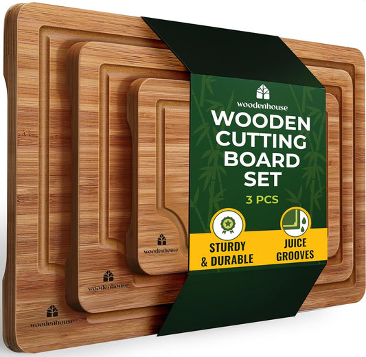 Wood Cutting Boards Set of 3 \u2013 Thick & Sturdy Bamboo Cutting Board with Deep Juice Grooves & Build-in Handles, Large Surface, Easy to Clean \u2013 for Meat, Vegetables and Fruits