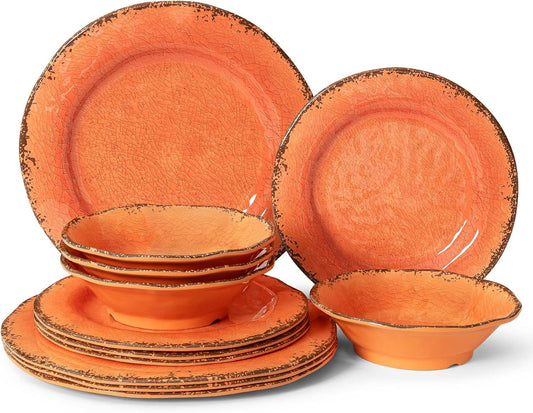 LEHAHA 12 Piece Crackle Lightweight Melamine Dinnerware Set-Service for 4, break-resistant and Durable Rustic Plates and Bowls Dishware Sets Perfect for Patio and Outdoor Activities