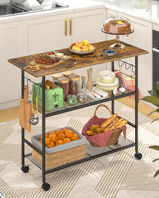 Kitchen Island with 3 Shelves, Rolling Kitchen Cart with 6 Hooks and Protective Shelf, Microwave Stand on Lockable Wheels, Bakers Rack Coffee Bar for Dining, Living Room, Outdoor, Metal Frame