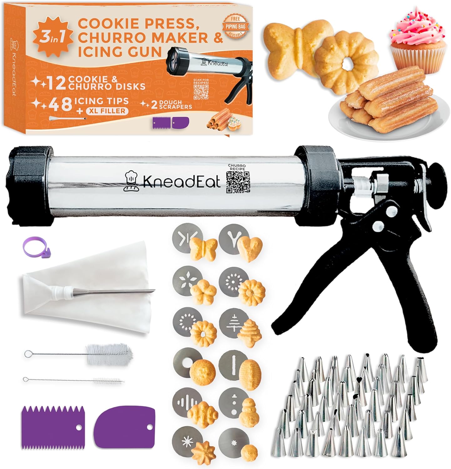 KneadEat Premium 68pc Churro Maker - Spritz Cookie Press Gun Kit - Icing Gun. 12 Cookie and Churro Discs. 48 Icing Tips. XL Filler. Piping Bag. Brushes. For Churros, Cookies and Cake Decorating.