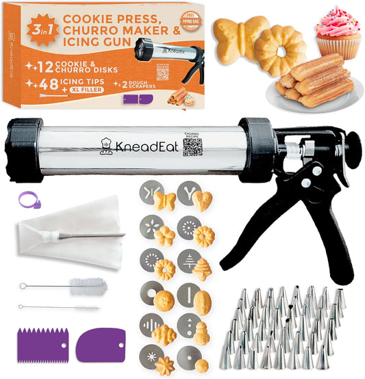 KneadEat Premium 68pc Churro Maker - Spritz Cookie Press Gun Kit - Icing Gun. 12 Cookie and Churro Discs. 48 Icing Tips. XL Filler. Piping Bag. Brushes. For Churros, Cookies and Cake Decorating.