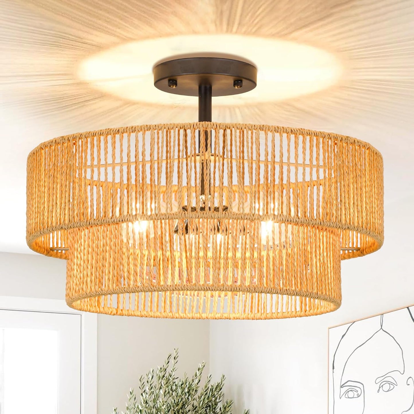ZECOXOL Rattan Ceiling Light Fixture Boho Flush Mount Ceiling Light 3-Lights Wicker Boho Light Fixtures for Hallway Bedroom Living Room Entryway Kitchen