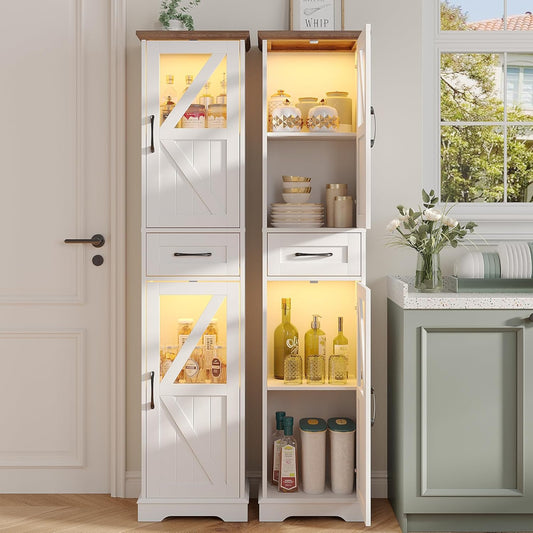 Maupvit 68" Tall Bathroom Storage Cabinet with LED Lights, Farmhouse 2 Doors & Adjustable Shelves for Pantry Living Room Narrow Storage Hutch Cabinet, Free Standing White