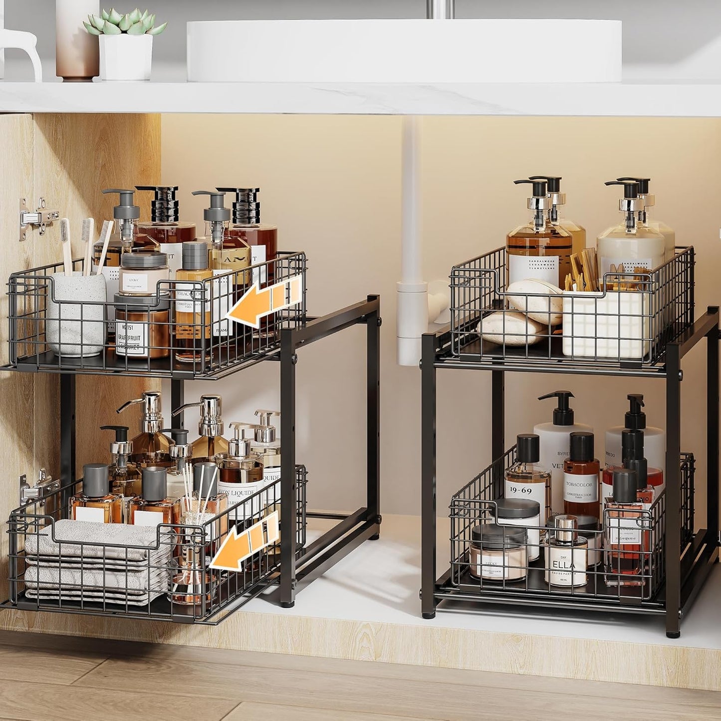 Under Sink Organizer, 2-Tier Pull Out Cabinet Organizer, Kitchen Bathroom Organizer and Storage, Spice Rack for Kitchen, Multi-use Sliding Drawers Shelves, Pack of 2