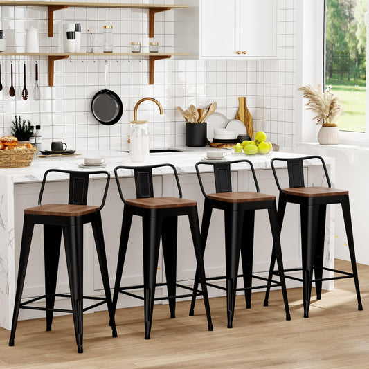 WENTMENT Metal Bar Stools Set of 4 Counter Height Barstools with Removable Back 24" Kitchen Bar Stools with Wooden Seat, Black