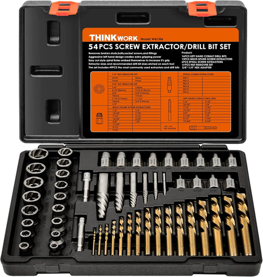 THINKWORK Broken Bolt Extractor Kit, 54 Pieces Easy Out Screw Extractor Set, Lug Nut Removal Tool with Left Hand Drill Bit Set for Removing Damaged, Frozen, Rusted, Rounded-Off Bolts, Nuts & Screws