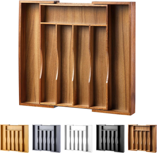 oridom Expandable Acacia Kitchen Drawer Organizer for Cutlery and Utensils, Adjustable Acacia Wood Cutlery Tray in Drawer for Flatware and Silverware in Kitchen