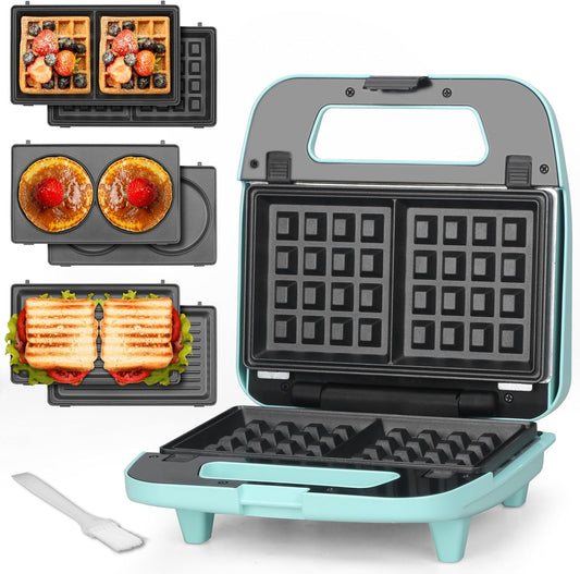 Baker\u2019s Friend 3 in 1 Mini Waffle Maker with Removable Plates, Mini Pancake Maker, Grilled Cheese Maker, Breakfast Sandwich Maker Press, Mini Indoor Grill, Belgian Waffle Maker, Aqua