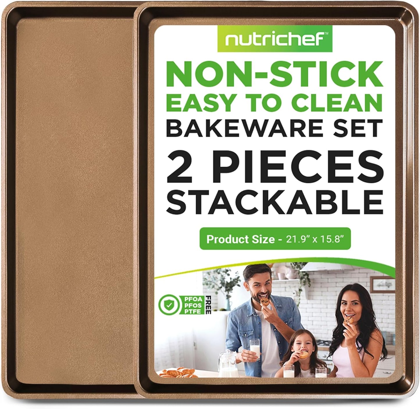 NutriChef 2-Piece Nonstick XL Cookie Sheets for Baking - 22" x 16" Extra Large Carbon Steel Oven Baking Trays, PFOA, PFOS, PTFE Free - Stackable & Dishwasher Safe, Gold