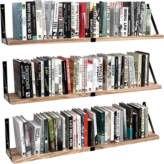 Floating Book Shelves Set of 3, Wall Bookshelf, 33 inch Long Wood Shelf for Wall Storage, Hanging Shelving for Bedroom, Bathroom, Living Room, Kitchen, Office and Plants (Carbonized Black)