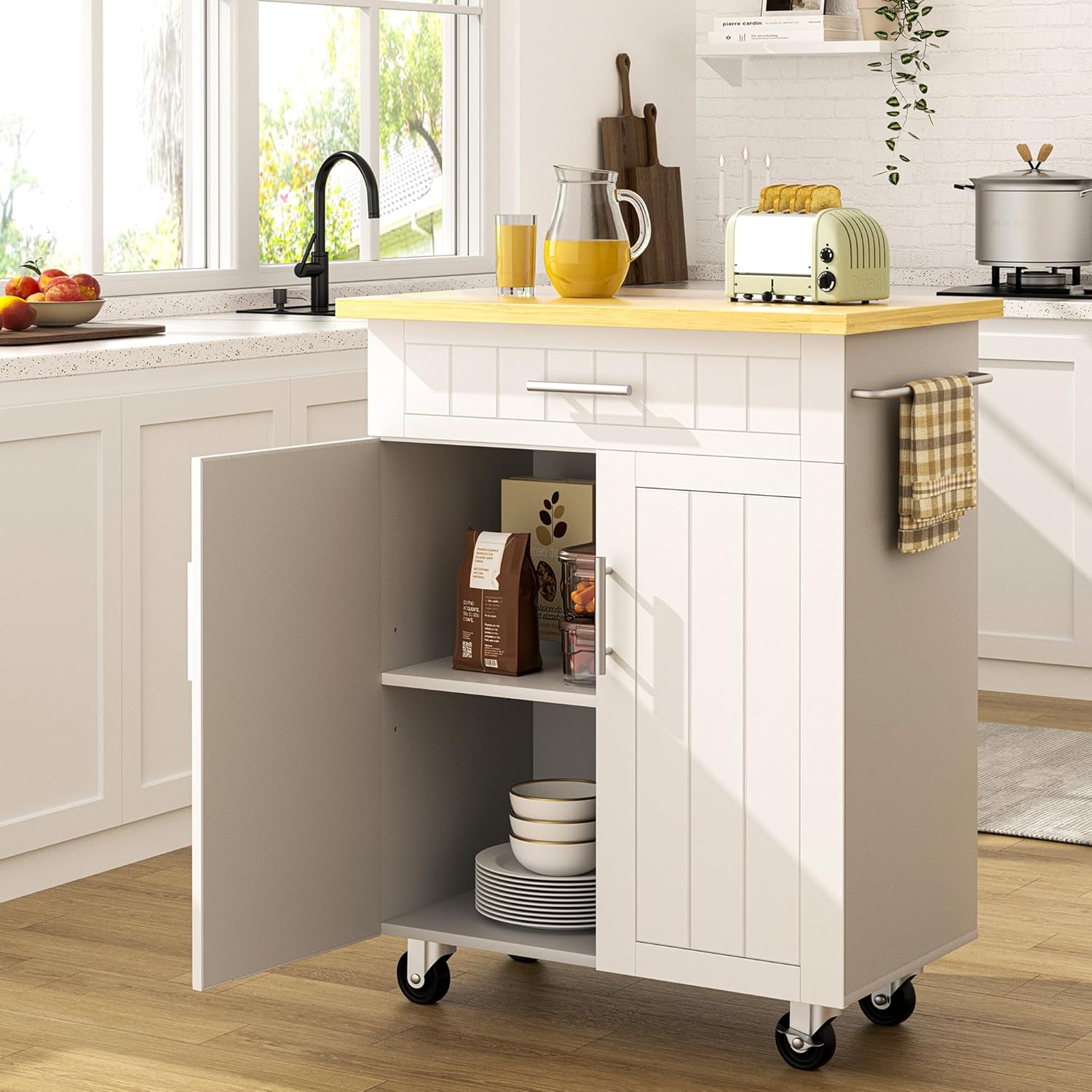 SUNLEI Kitchen Island on Wheels with Storage Cabinet & Drawer, 26" Width Rolling Kitchen Table, Cart Handle for Towel Rack or Free Mobility, Portable Islands for Kitchen, Dining Room(White)