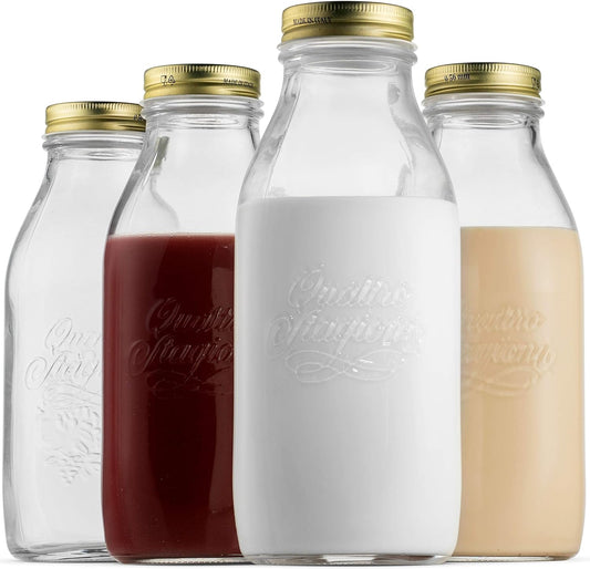 Bormioli Rocco Quattro Stagioni Glass Milk Bottle 33.75 Ounce\/1 Liter with Airtight Lid, Great For Kombucha Brewing Bottle, Beer, Homemade Juicing, Smoothies, Beverages, Durable Construction. (4 Pack)