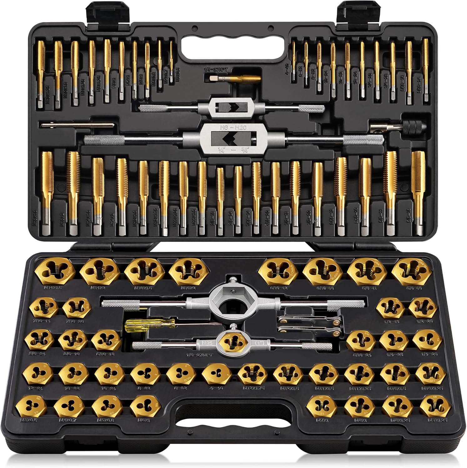 Kolvoii 86-Piece Tap and Die Set, SAE & Metric #4\u20135\/8" & M3\u2013M16, Heavy-Duty GCr15 Steel Rethreading Tool Kit with Titanium Coating for Cutting & Rethreading Internal and External Threads