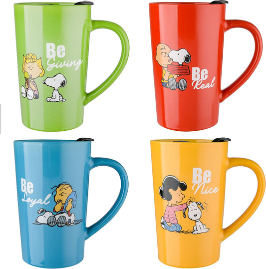 Peanuts Snoopy Gentle Reminders 18oz Travel Cup w/Lid, Stoneware, 4-Pack, Assorted Colors
