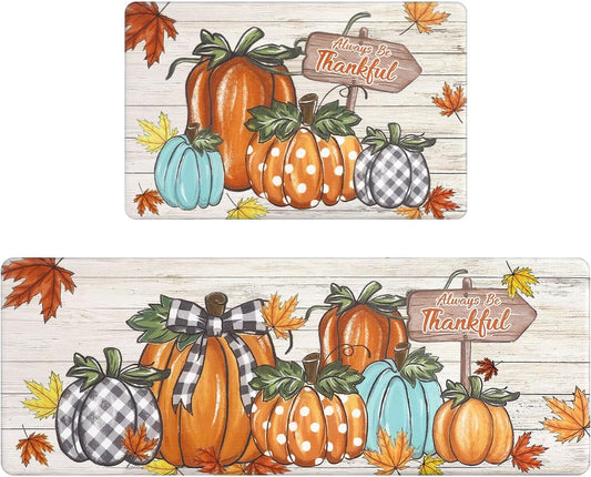 U'Artlines Fall Kitchen Mat Anti Fatigue Cushioned Comfort Standing Desk Mats Rugs Colorful Pumpkin Kitchen Mats for Floor 17"x28"+17"x47"
