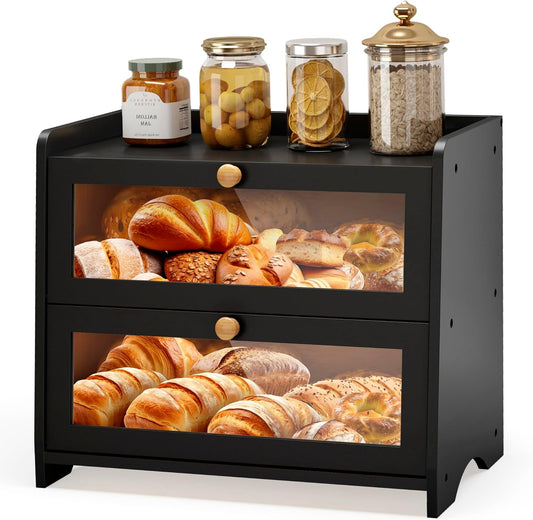 JANSNIMEN Double Layer Bread Box for Kitchen Countertop, Large Breadbox Bread Container Storage with Windows, Wooden Farmhouse Bread Holder (Black)