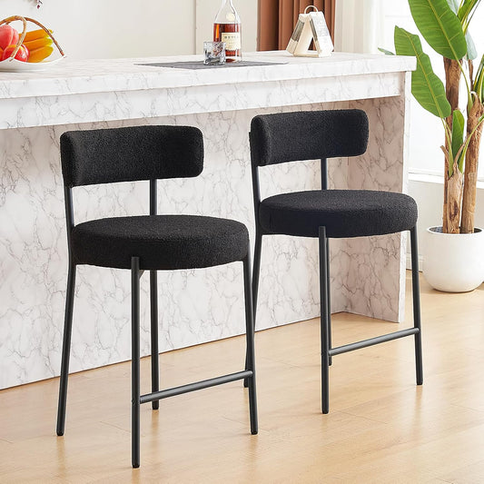 Furnilivng 24'' Bar Stools Set of 2, Modern Boucle Counter Height Bar Stools with Curved Back and Black Metal Frame, Upholstered Kitchen Stools, Barstools for Kitchen Island, Bar, Dining Room, Black