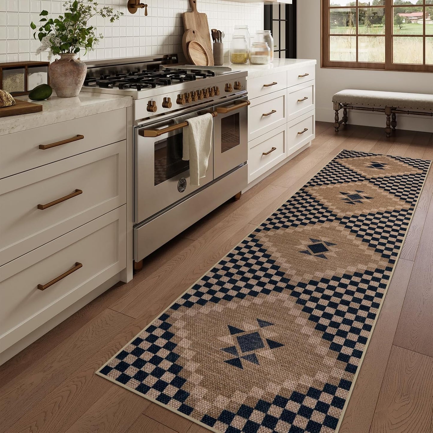 LIVEBOX Easy Jute Runner Rugs for Hallway 2x10, Non Slip Washable Rug Runner, Checkered Extra Long Rugs for Hallways, Ultra Thin Farmhouse Kitchen Rug for Hardwood Floor