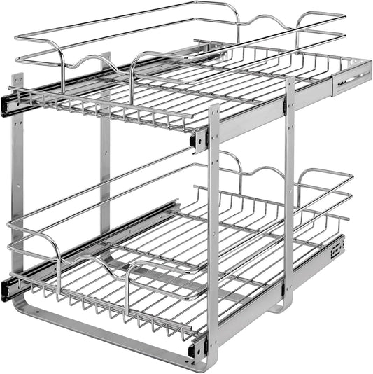 Rev-A-Shelf 2-Tier Kitchen Cabinet Pullout Shelf and Drawer Organizer Slide Out Pantry Storage Basket in Multiple Sizes, 15 x 22 In, 5WB2-1522CR-1